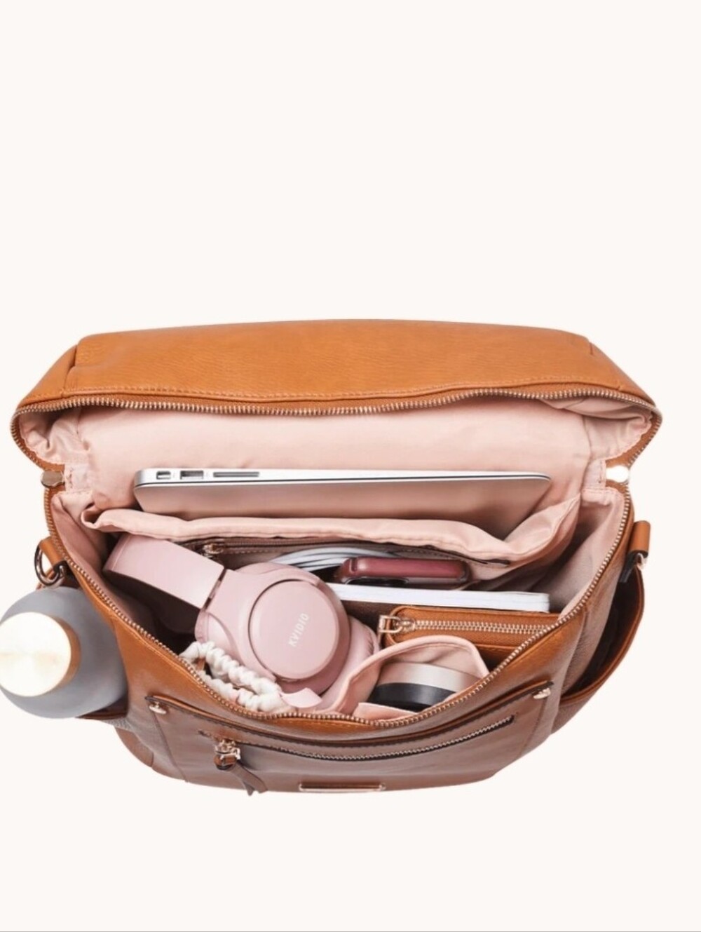 NWT Poppy & Peonies Commuter Backpack Camel Vegan Leather Laptop Travel Work Bag - Picture 4 of 8